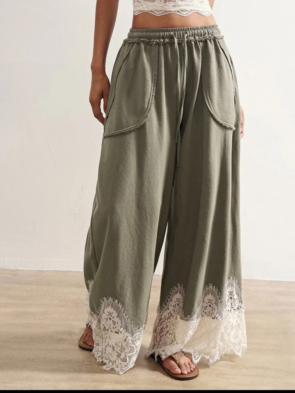 NEW ARRIVAL Lace-Hem Wide Leg Pants in Olive Green